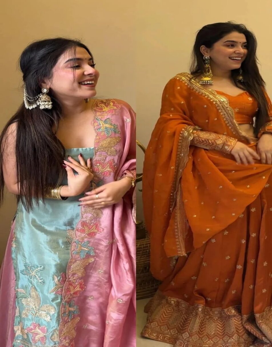 Bubble gum pink sharara set and orange gajji silk lehenga