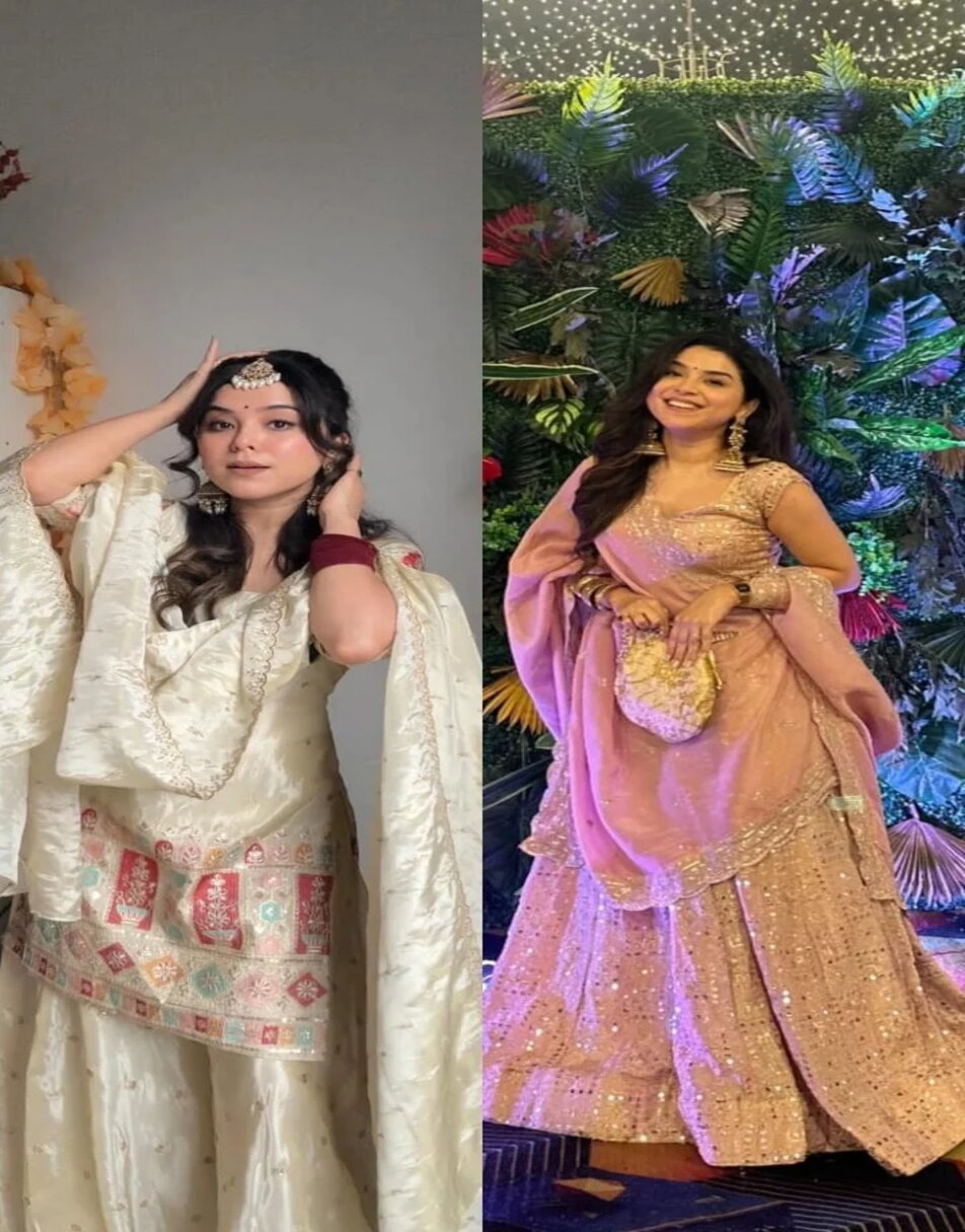 Off white embroidered sharara set and pink mirror lehnga