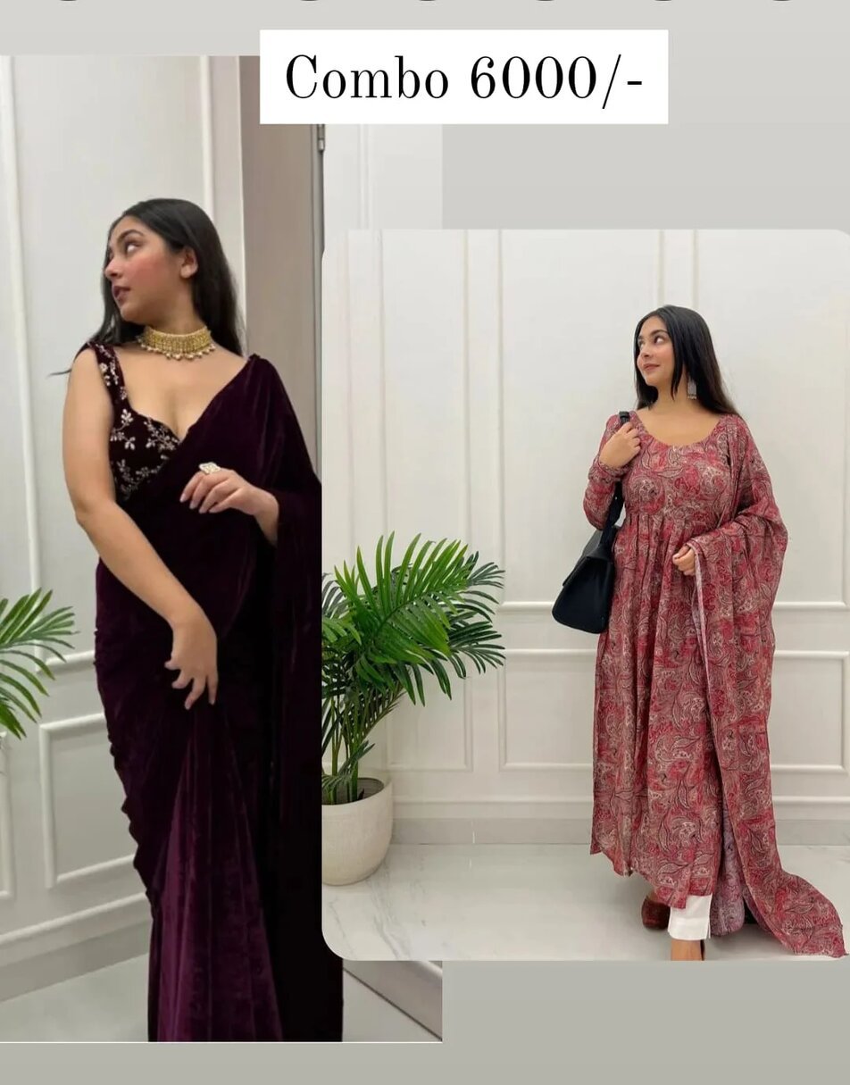 Wine velvet saree with stiched blouse + Printed chanderi anarkali suit