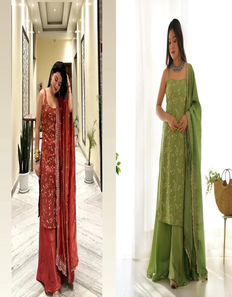 Rust orange tissue sharara set+ green tissue sharara set