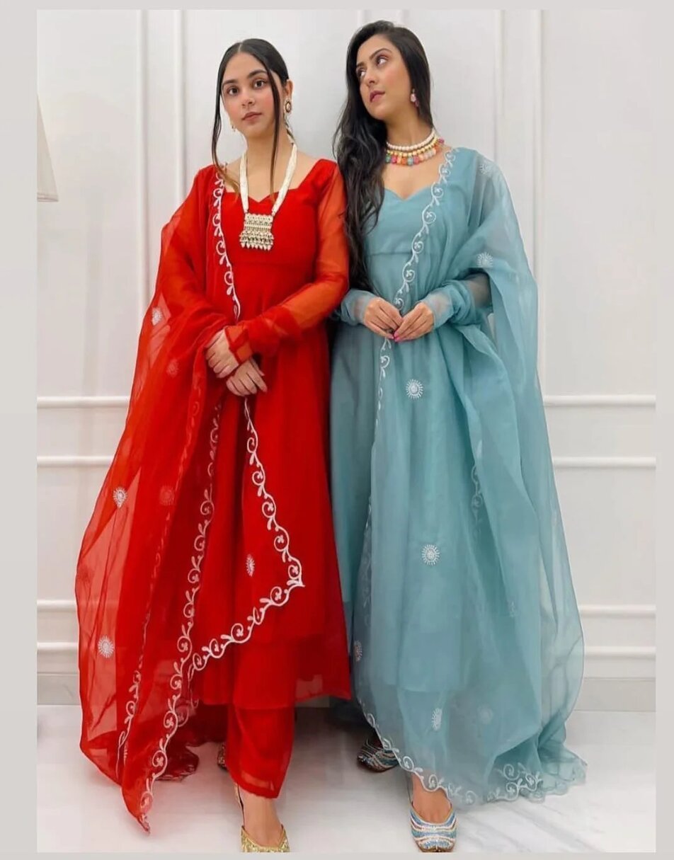 Red organza suit +Aqua blue organza suit