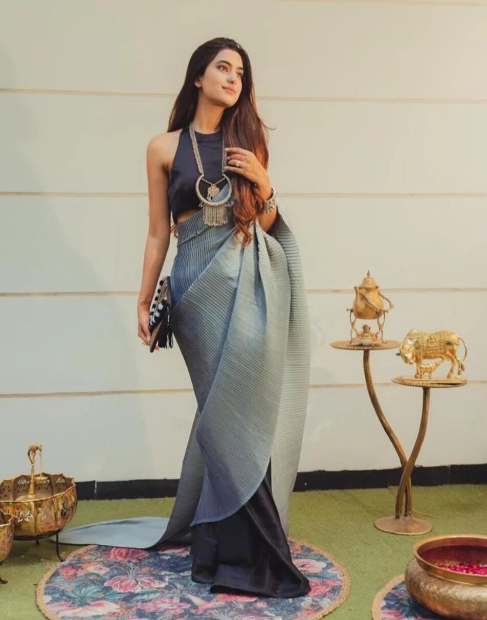 Black And Grey Pleated Saree