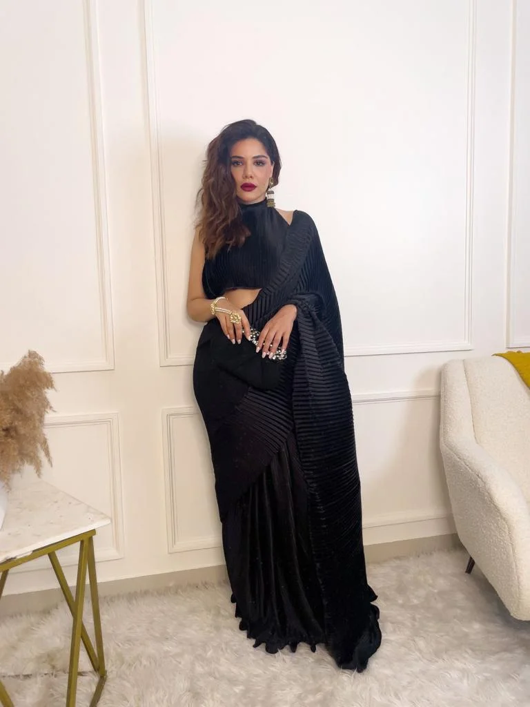 Black Ruffle Pleated Saree