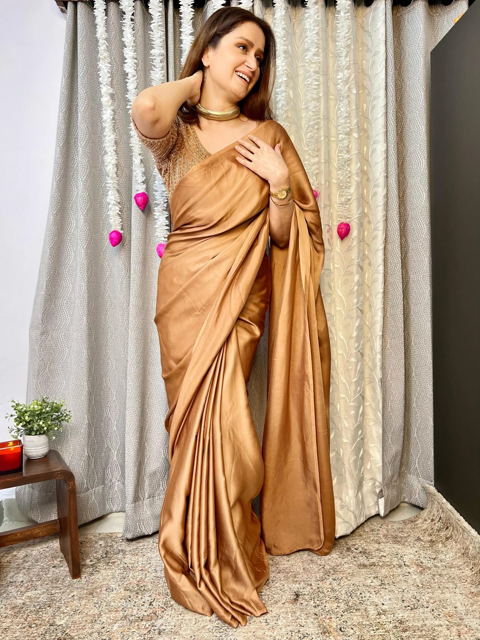 Golden Brown Saree with hand embroidered blouse