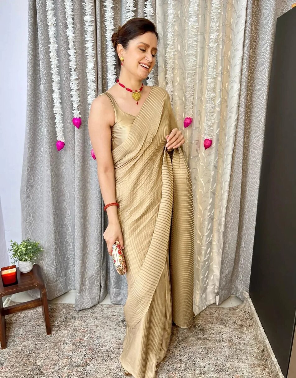 Golden Pleated Saree With Satin Blouse