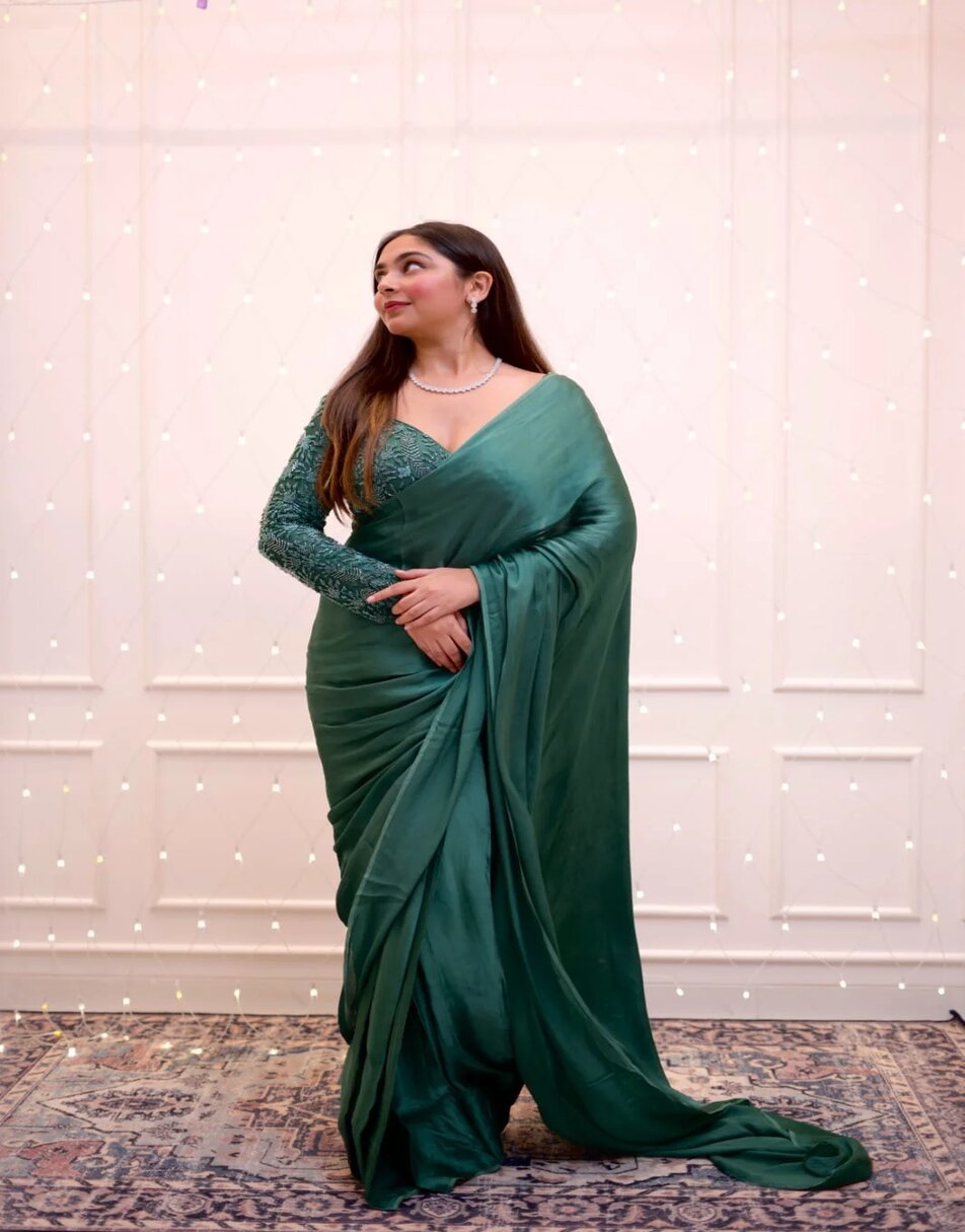 Green chiffon saree with embroidered blouse