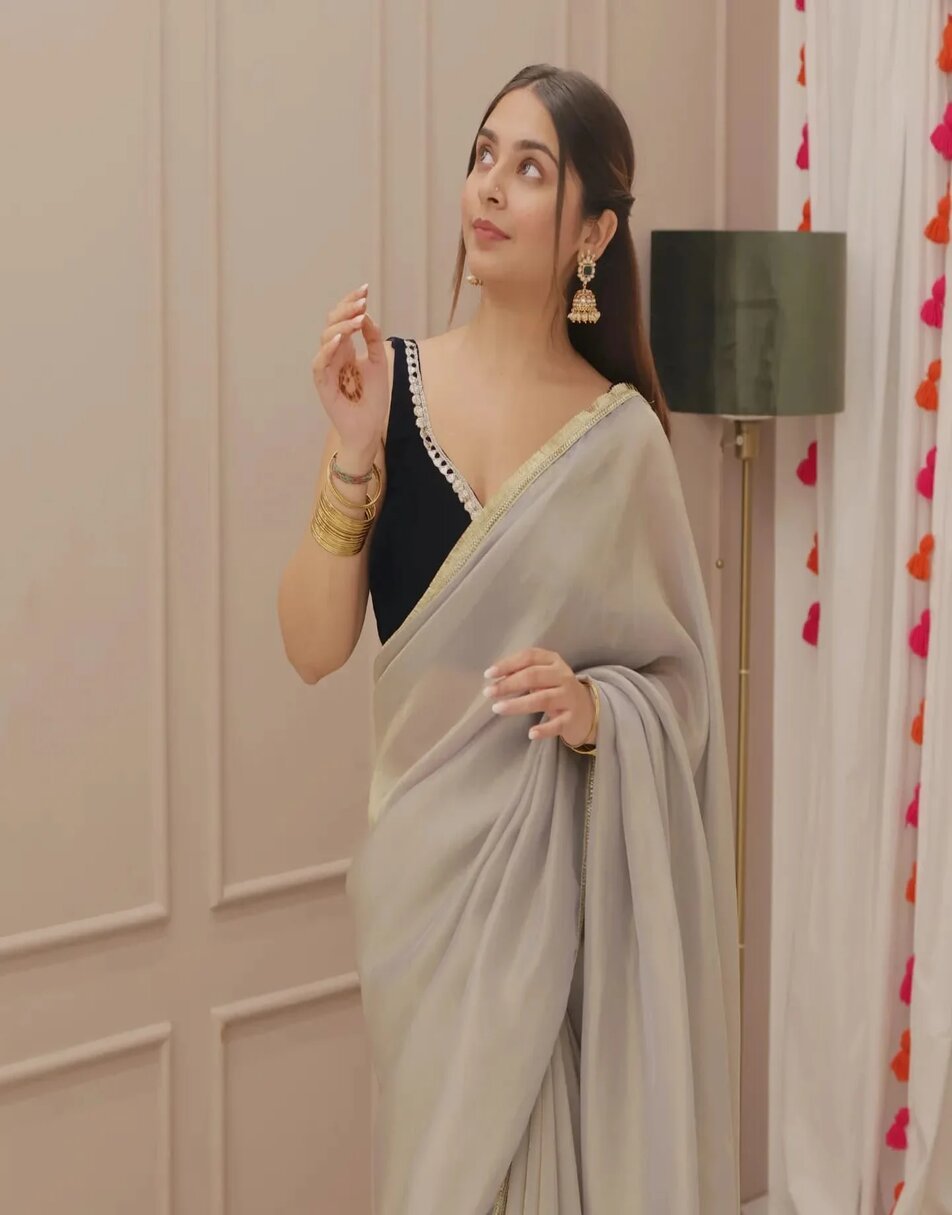 Grey tissue saree with velvet blouse