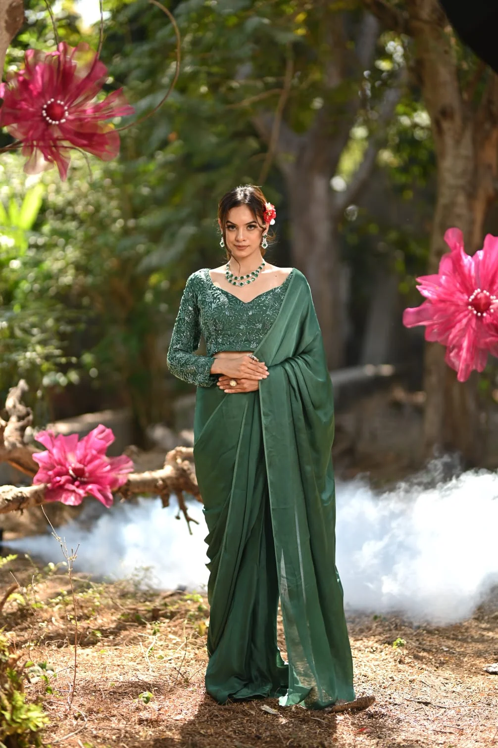 Bottle green chiffon saree with hand embroidered blouse