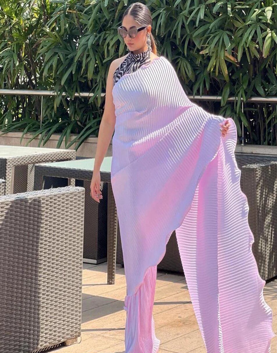 Pink Ruffle Pleated Saree