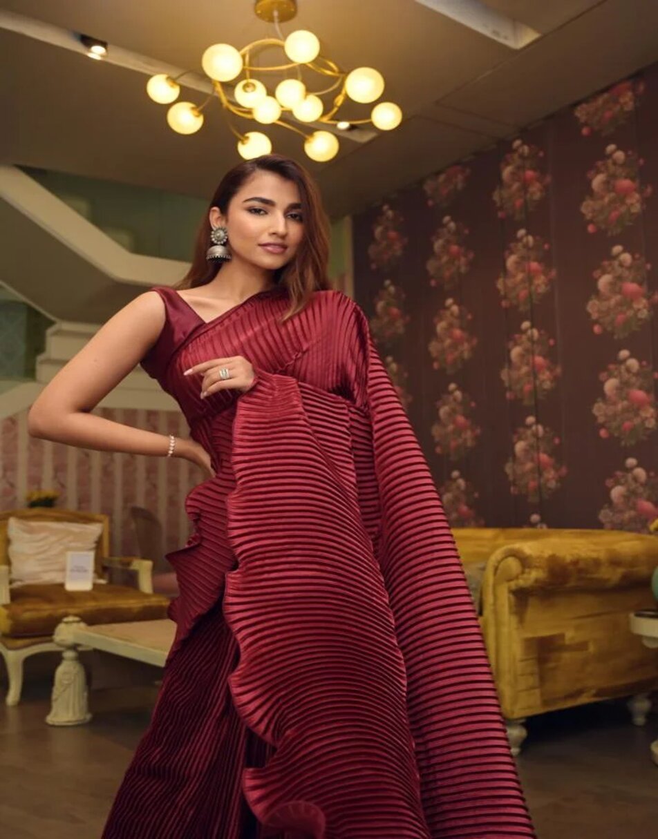Maroon Ruffle Pleated Saree