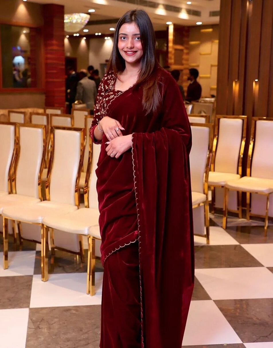 Maroon Velvet Saree