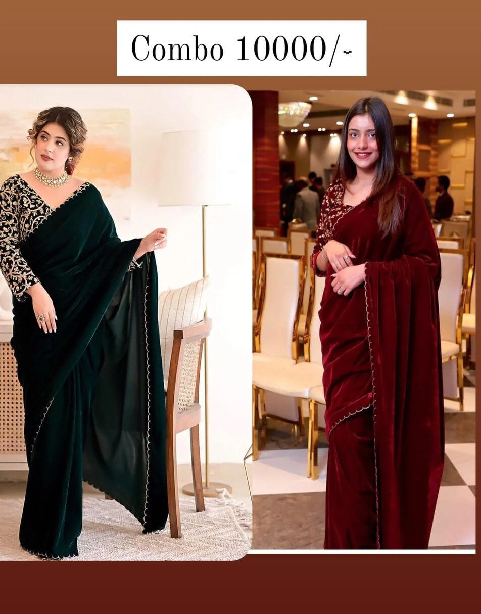 Bottle green velvet saree + maroon velvet saree with stiched blouse