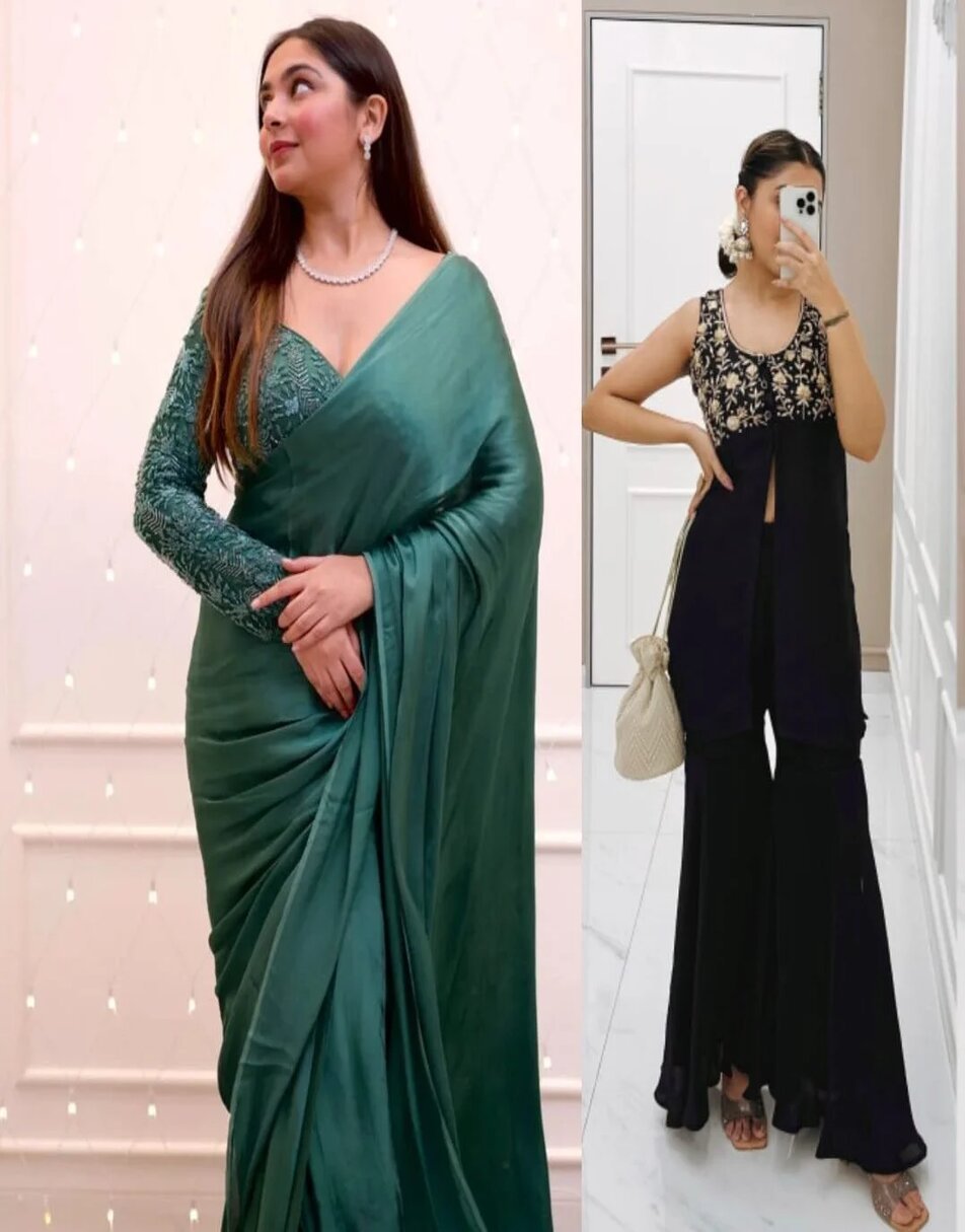 Bottle green chiffon satin saree with embroidered blouse + black short slit kurti with sharara