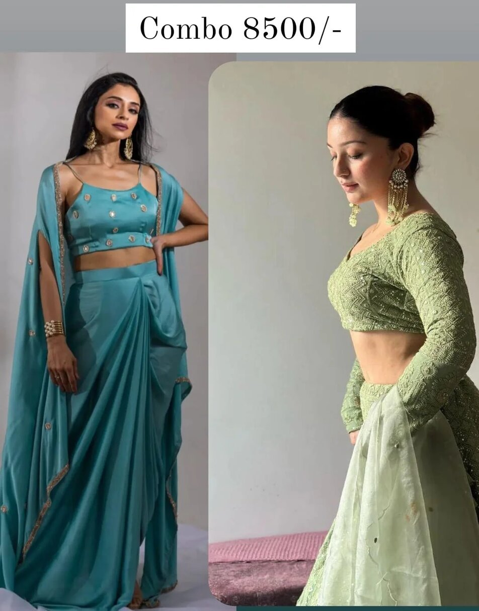 blue dhoti set + Sage green luckwoni lehenga with embroidered dupatta