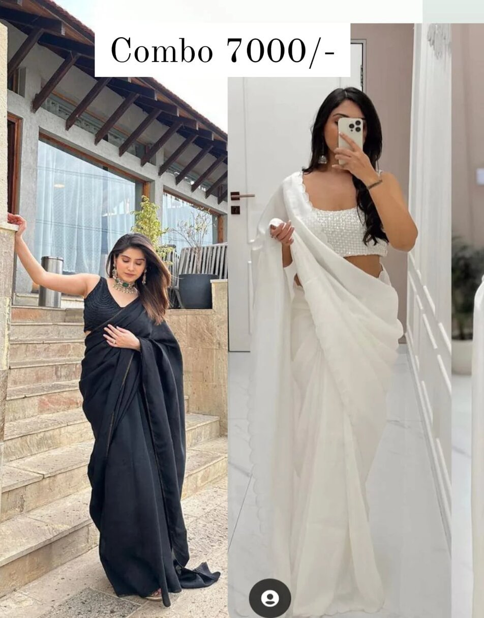 Black uppada silk saree with embroidered blouse + Ivory saree with embellished blouse