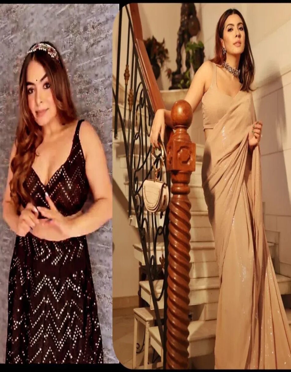 Black mirror work lehenga + Champagne sequin saree