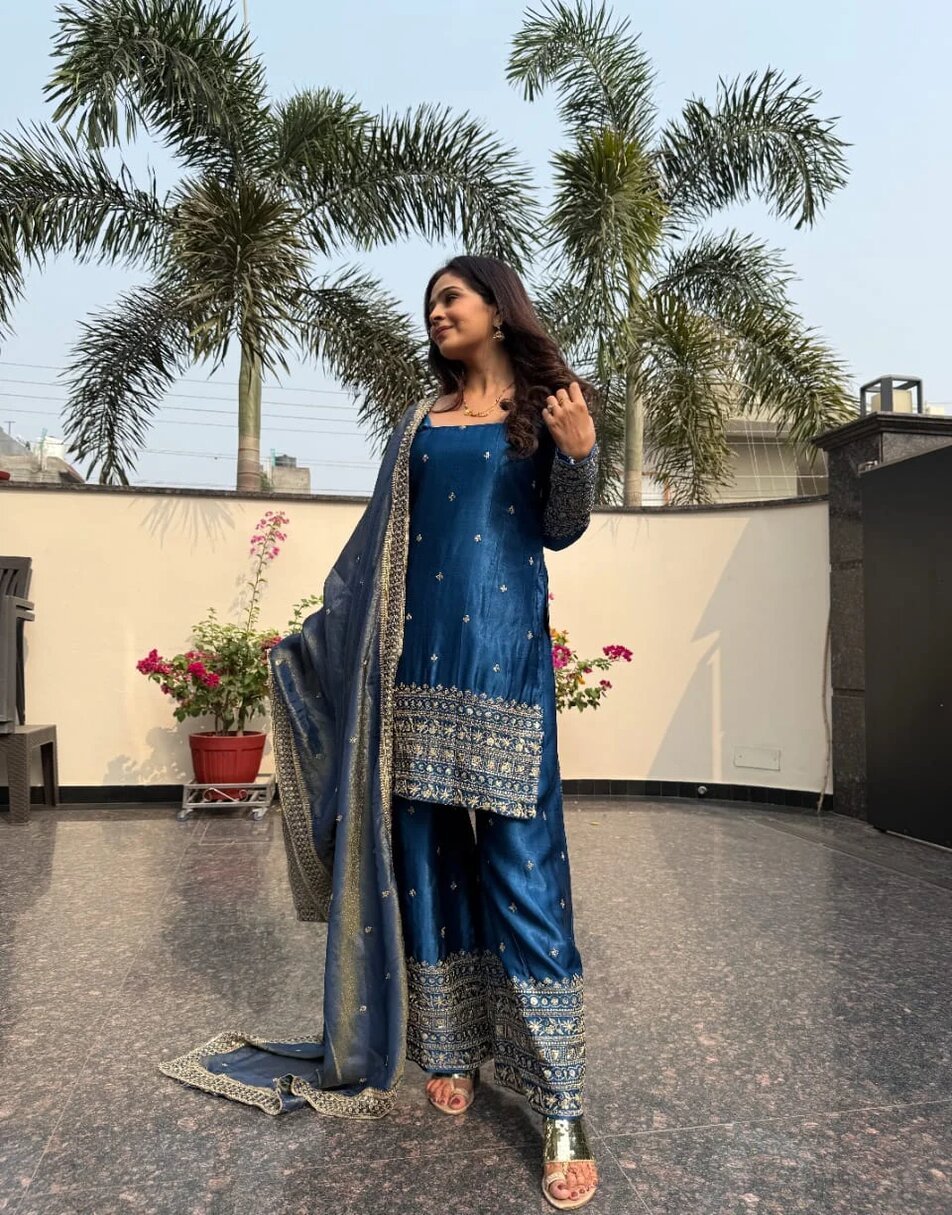 Teal Blue Gajji Silk Sharara Set