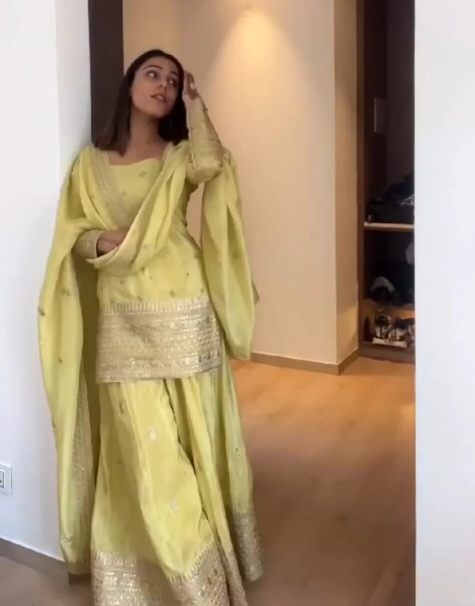 Lemon yellow tissue sharara set