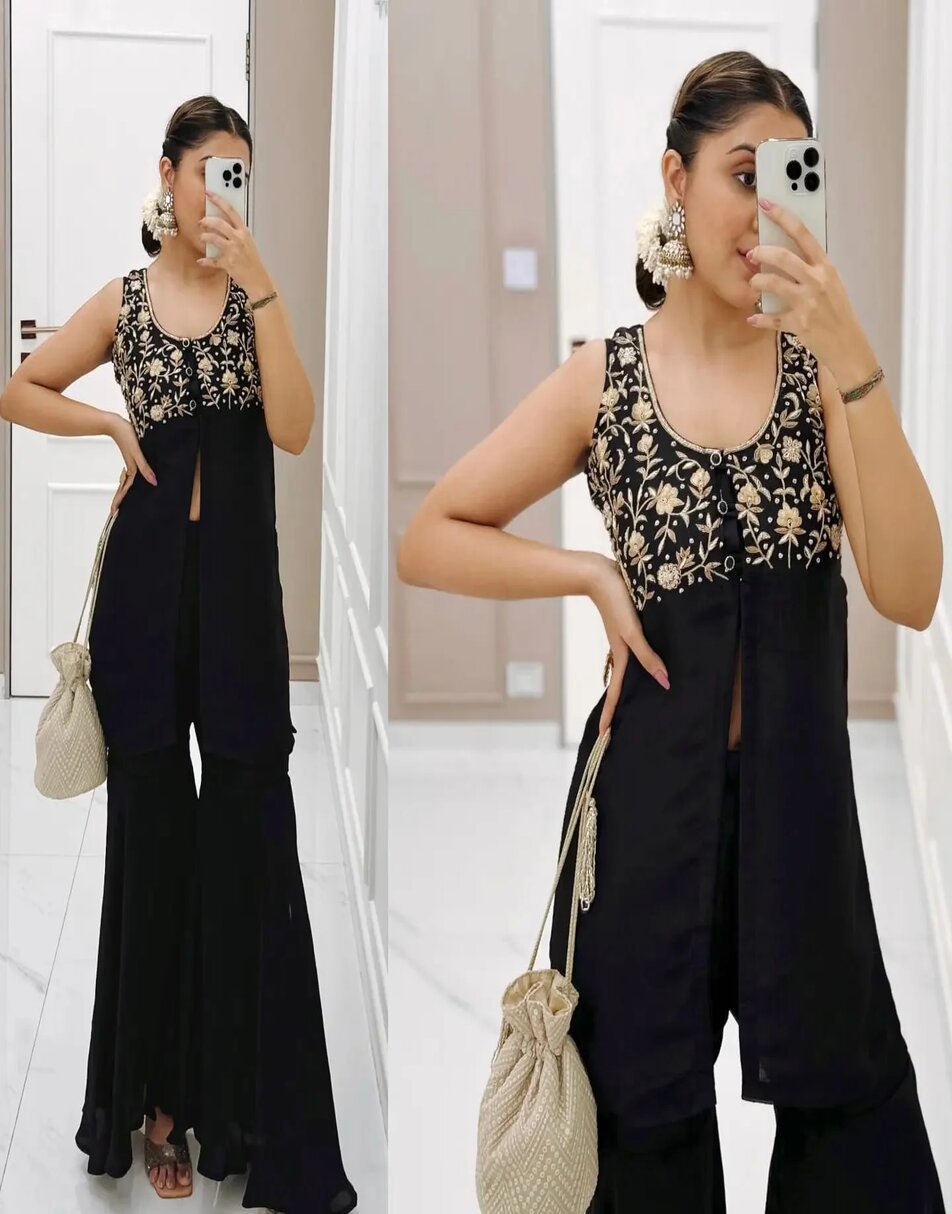 Black Slit Embroidered Short Kurti With Sharara