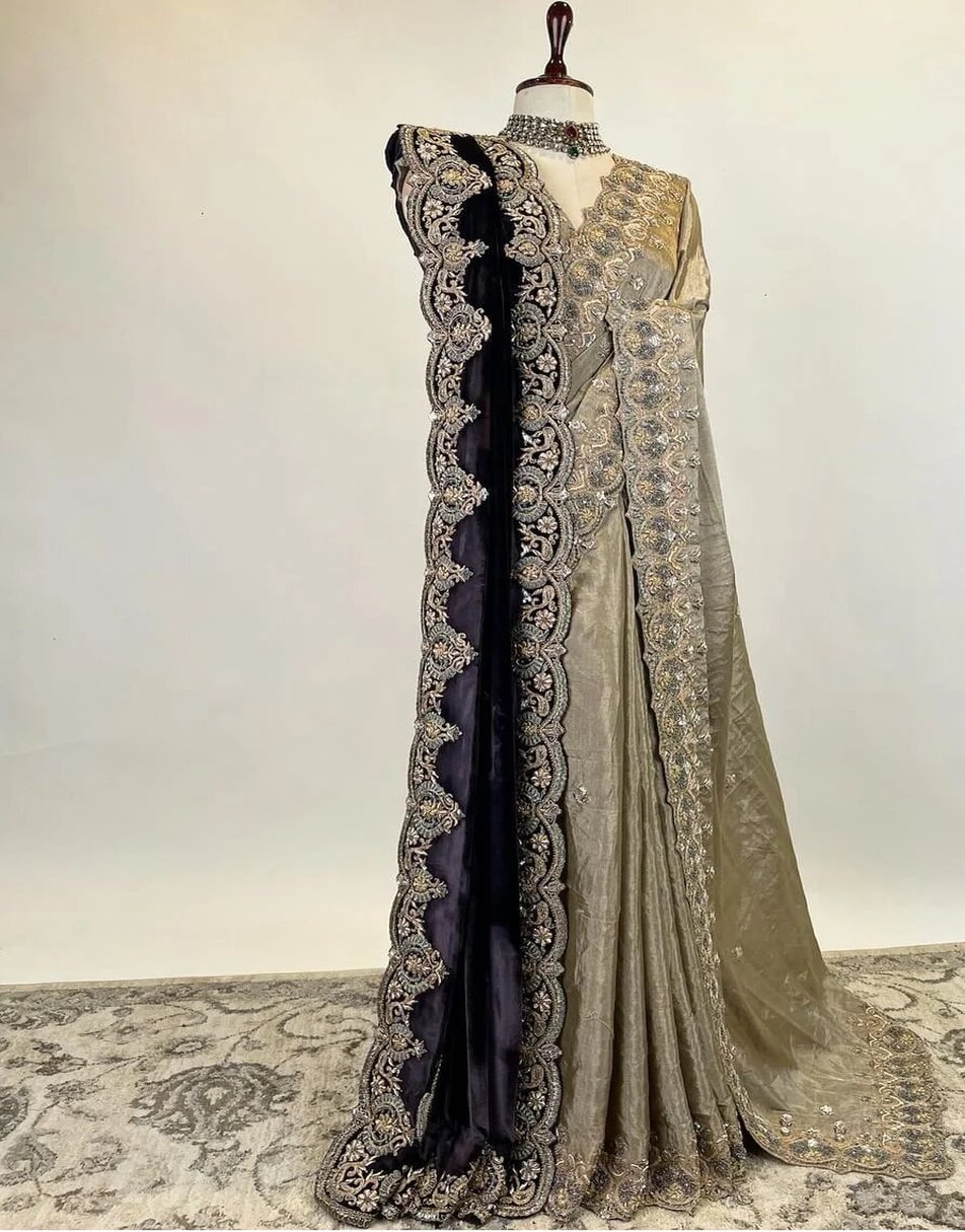 Pure gold tissue saree with velvet shawl