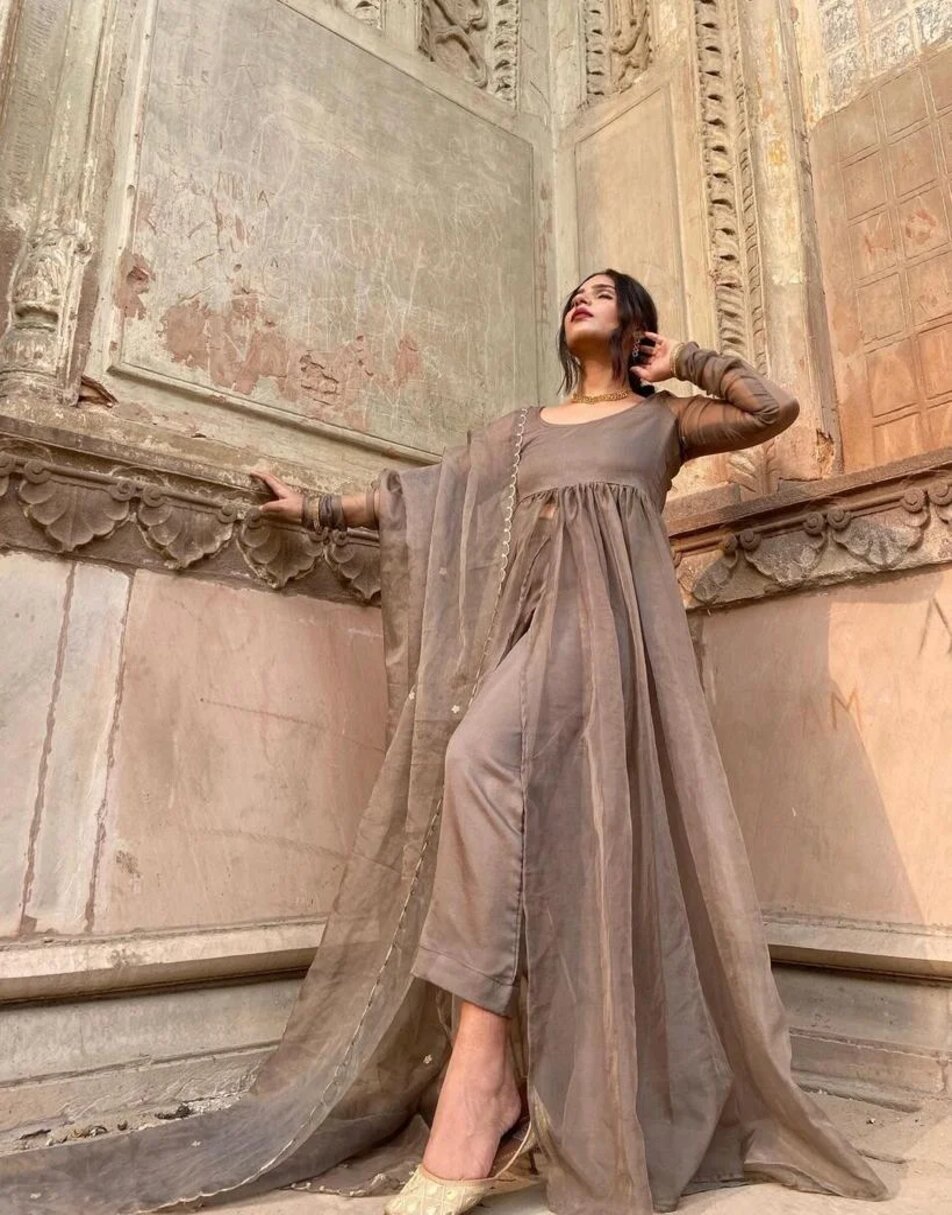 Dark Golden Organza Suit With Slit