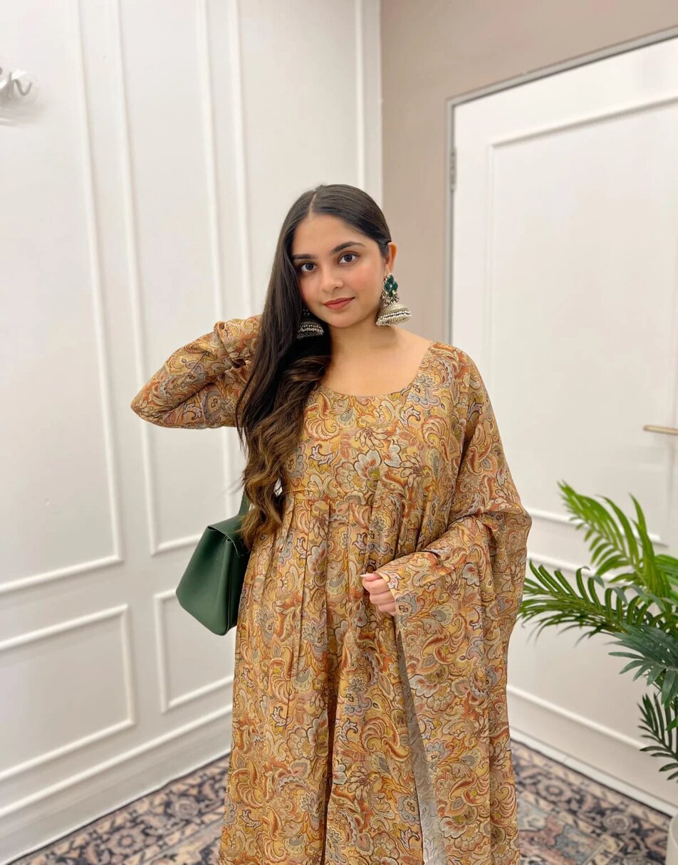 Chanderi Flower Overlapped Print Anarkali Suit