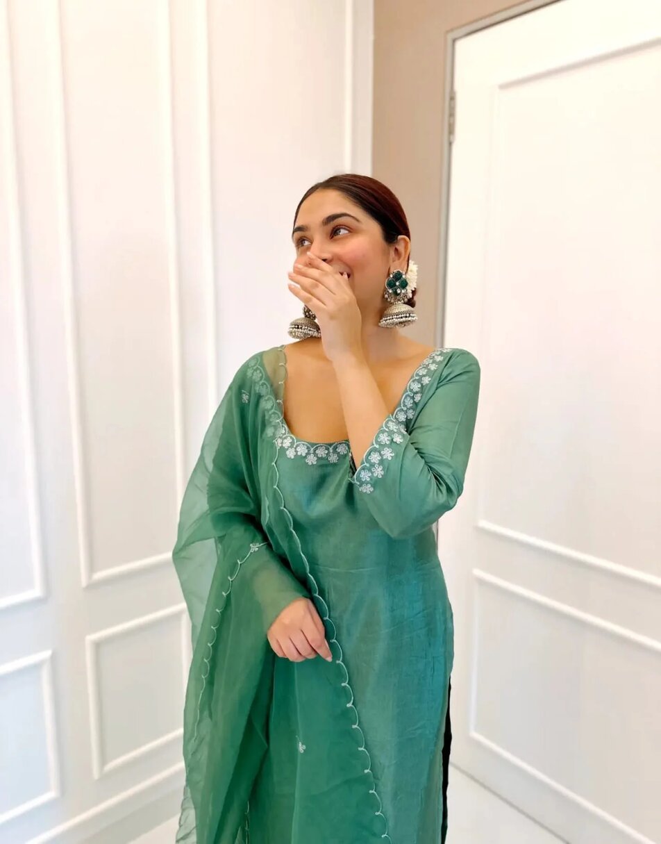 Green uppada silk straight cut suit