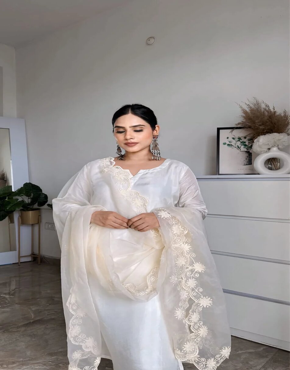 Milky white uppad silk suit with organza hand embroidered duppatta