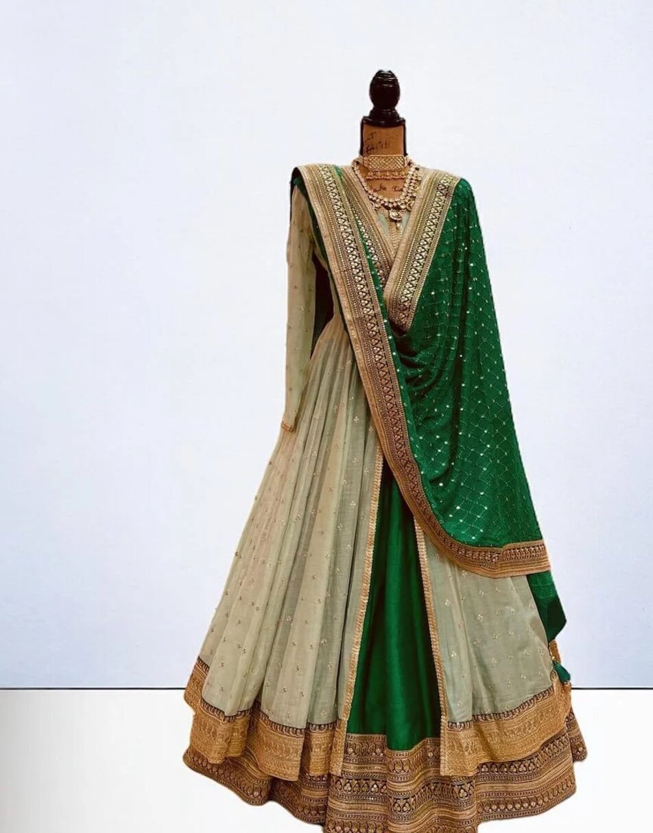 Bottle green anarkali suit with cape