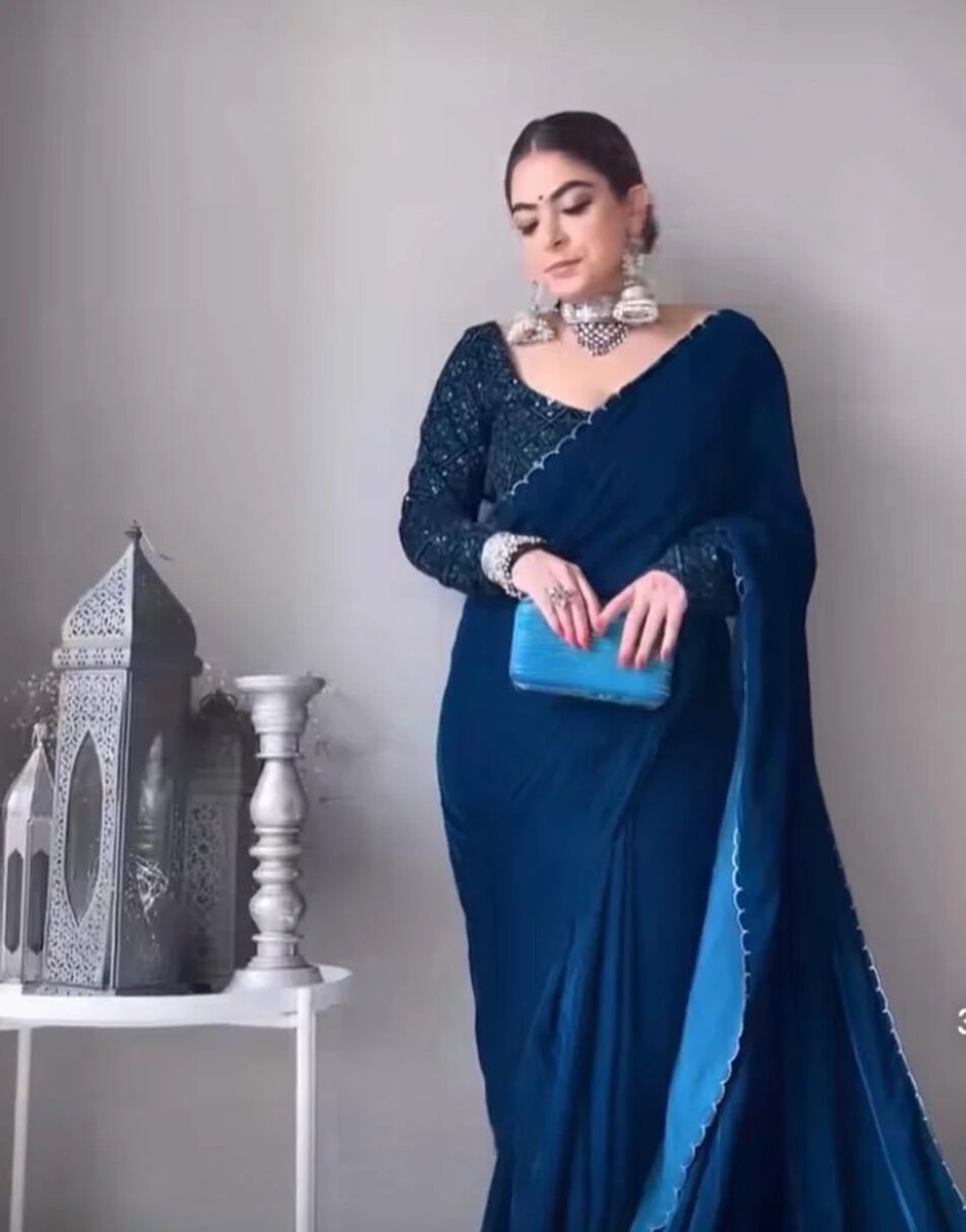 Teal Blue Velvet Saree