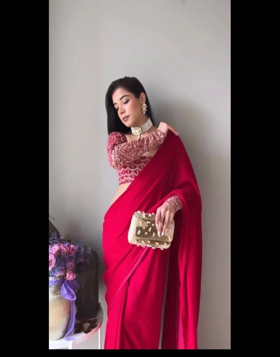 Rani Pink Velvet Saree