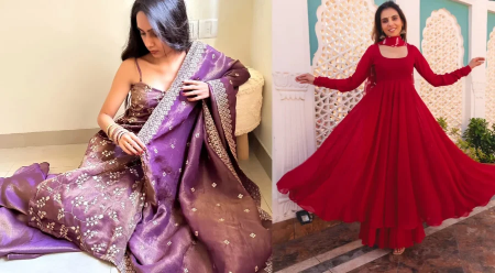 Purple tissue sharara+Red georgette suit