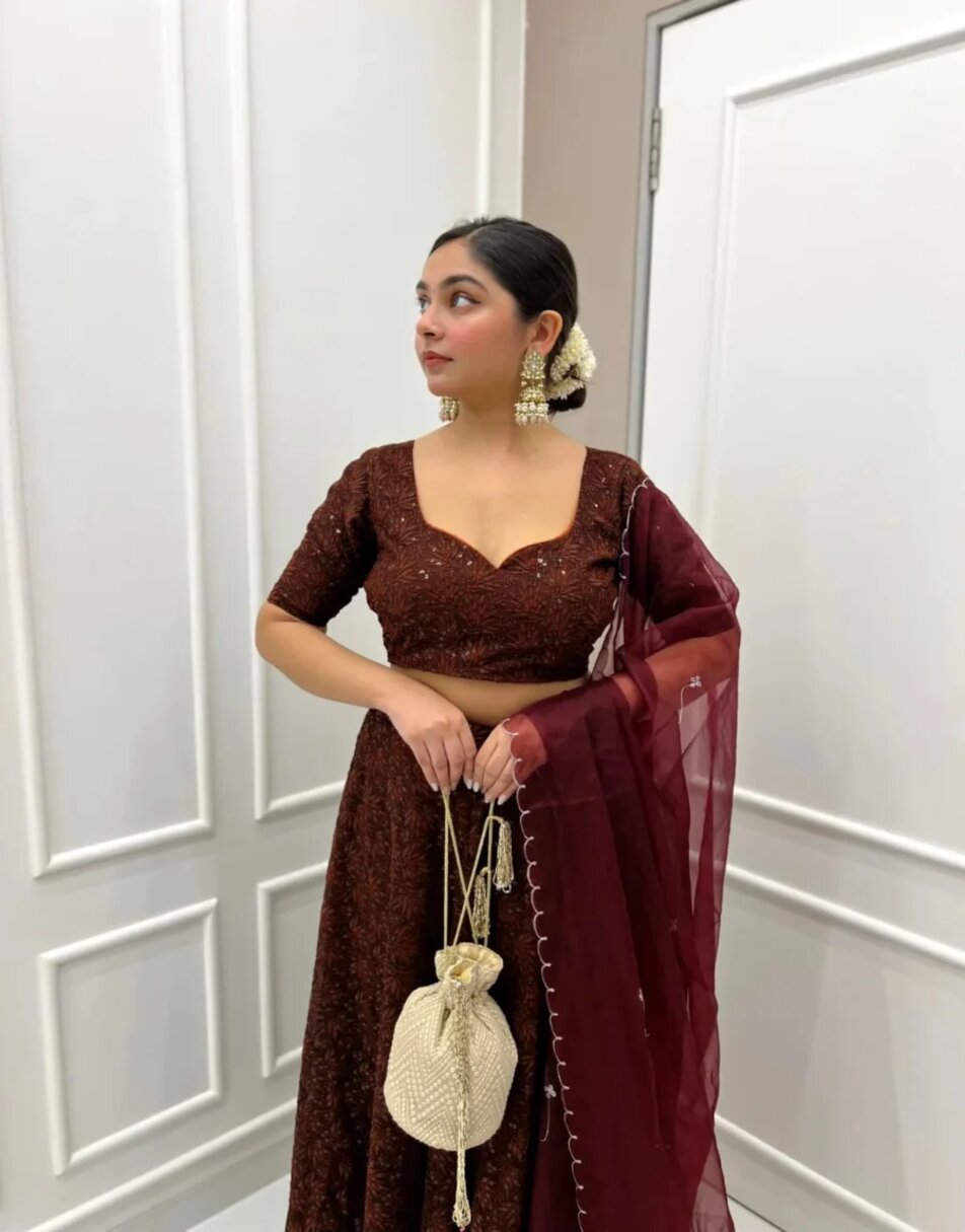 Brown Embroidered Lehenga