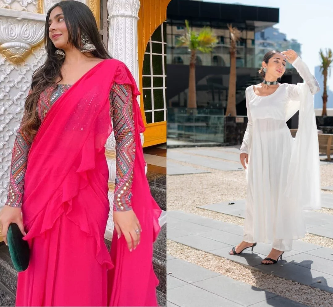 Pink ruffle saree with embroidered blouse + White chanderi anarkali suit