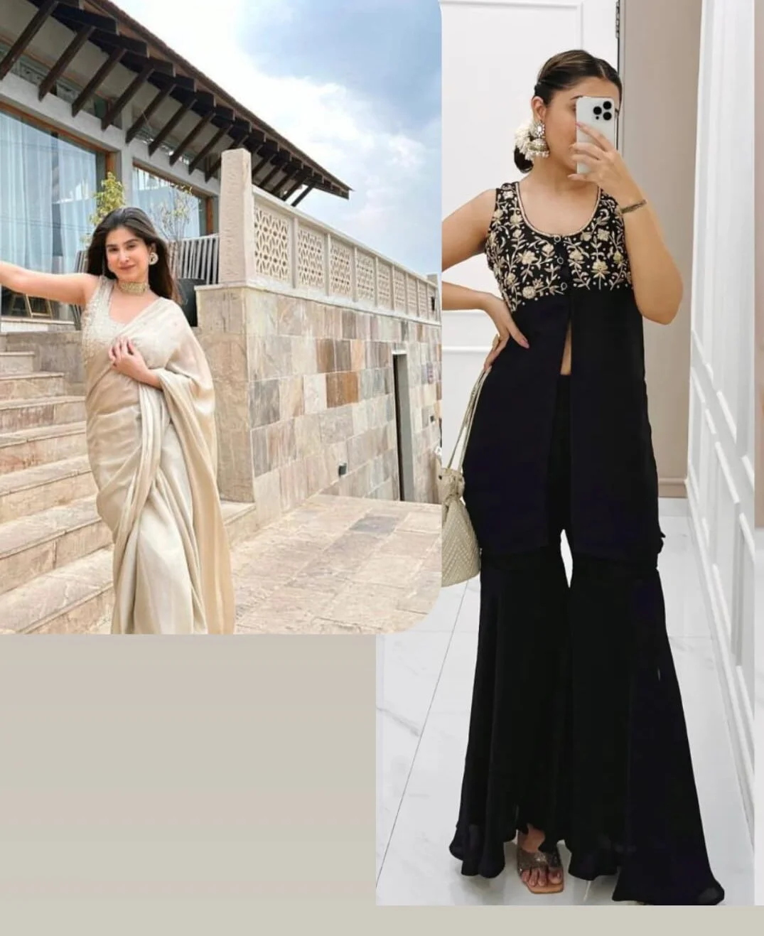 Golden silk saree with embroidered blouse + Black slit short kurti with sharara