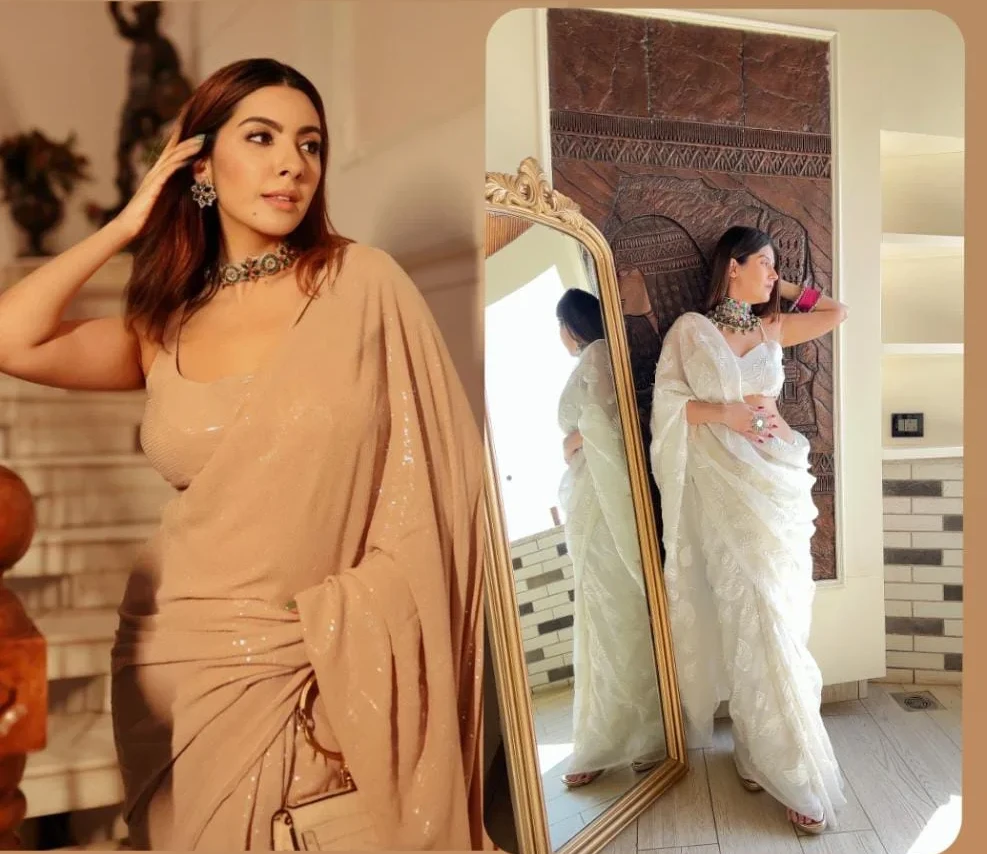 Champagne sequin saree + White floral embroidered saree