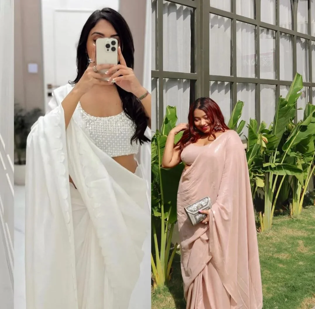 Ivory uppada silk saree with embellished blouse + Nude sequin saree