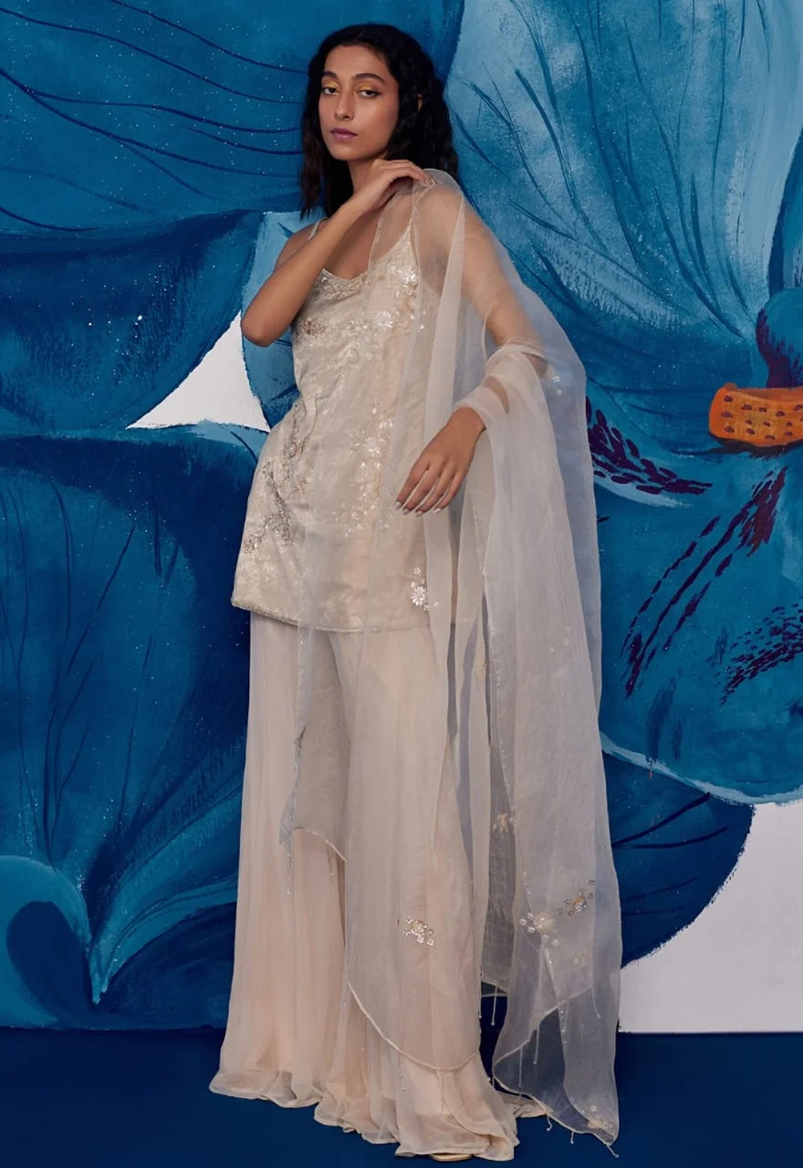 Silver hand embroidered sharara set