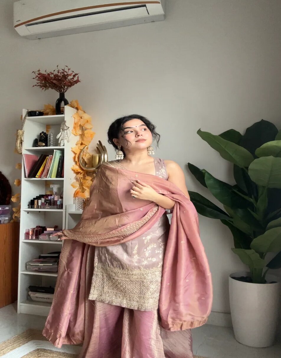 Crystal Pink Banarsi Sharara Set