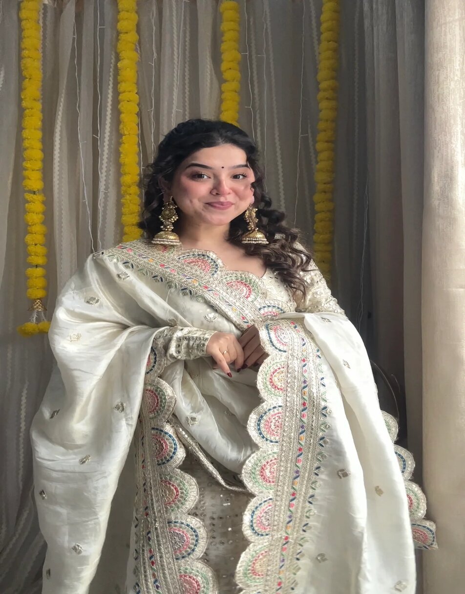 White Mirror Tissue Sharara Set With Heavy Embroidered Duppatta