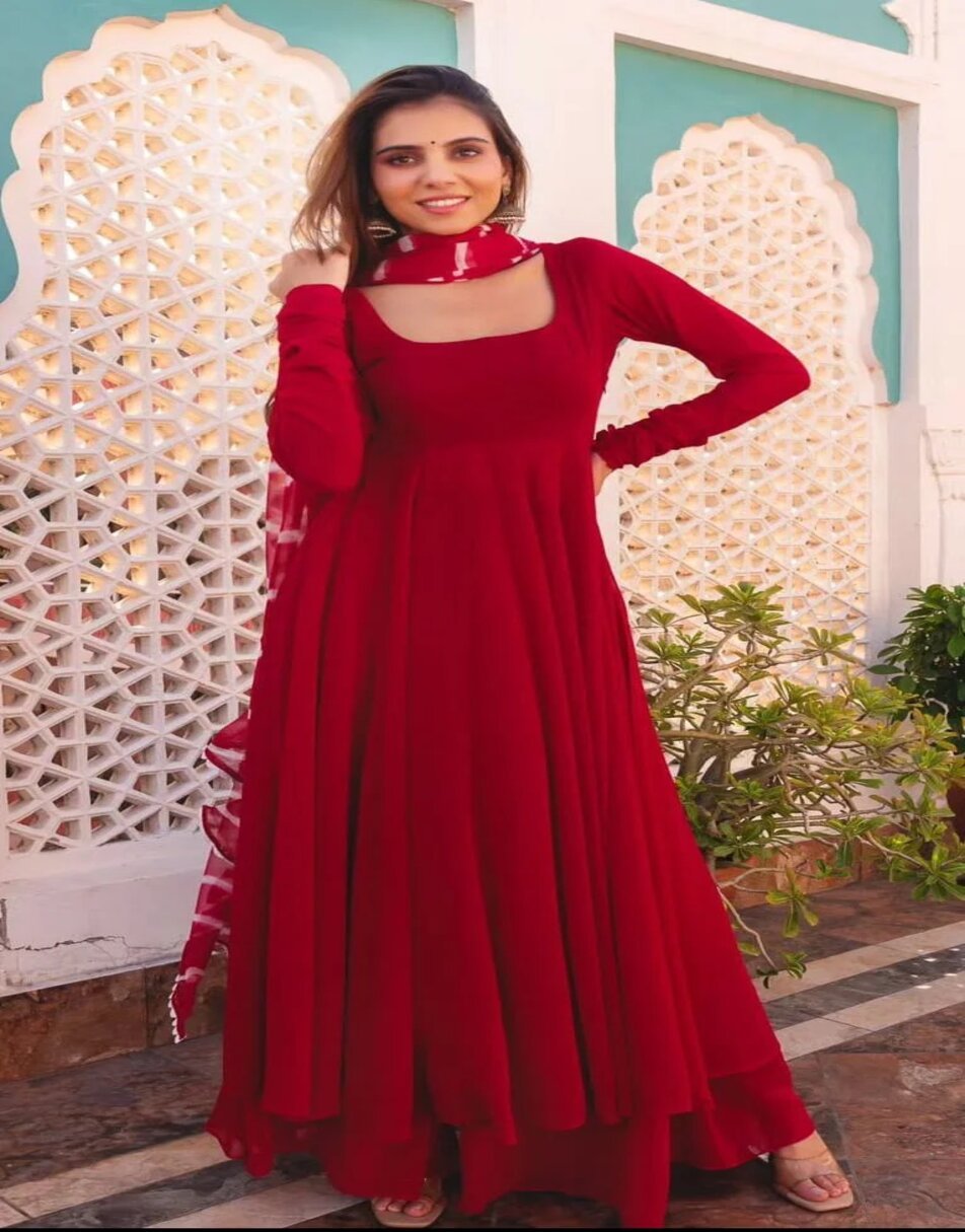 Red flowy georgette anarkali suit with lehriya dupatta