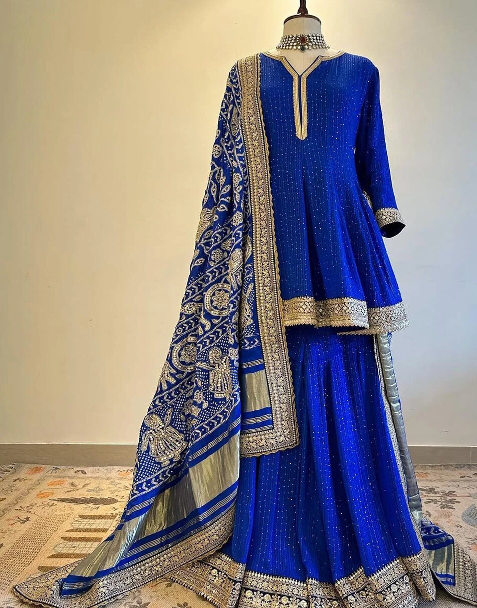 Royal blue sharara set with bandhej duppatta