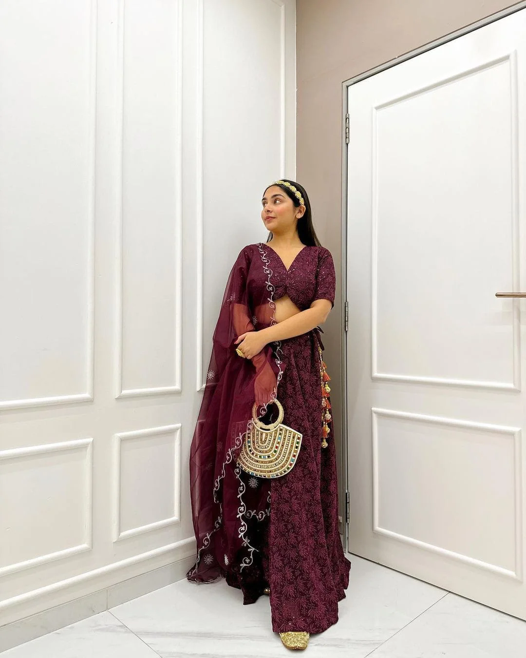 Wine embroidered lehenga