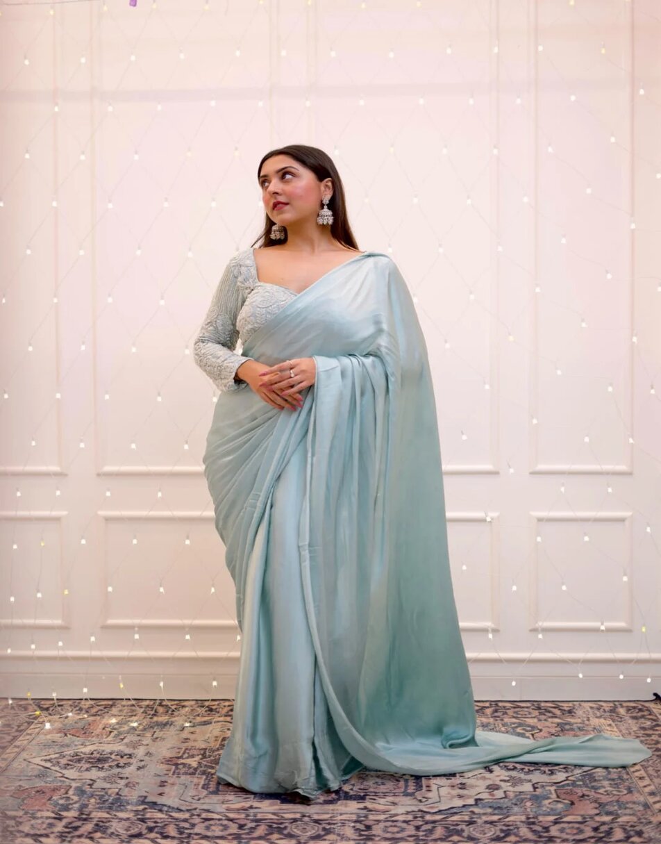 Blue chiffon saree with embroidered blouse