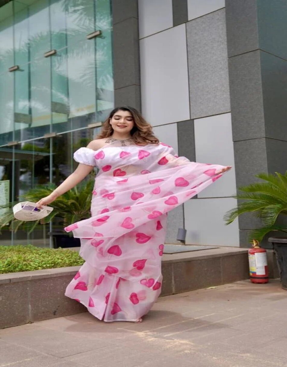 Heart Print Organza Saree