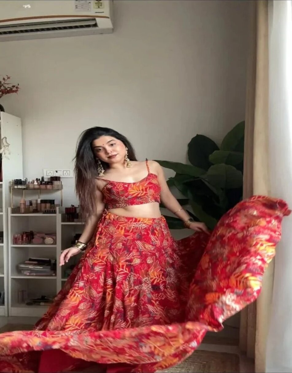 Red and orange floral print lehenga