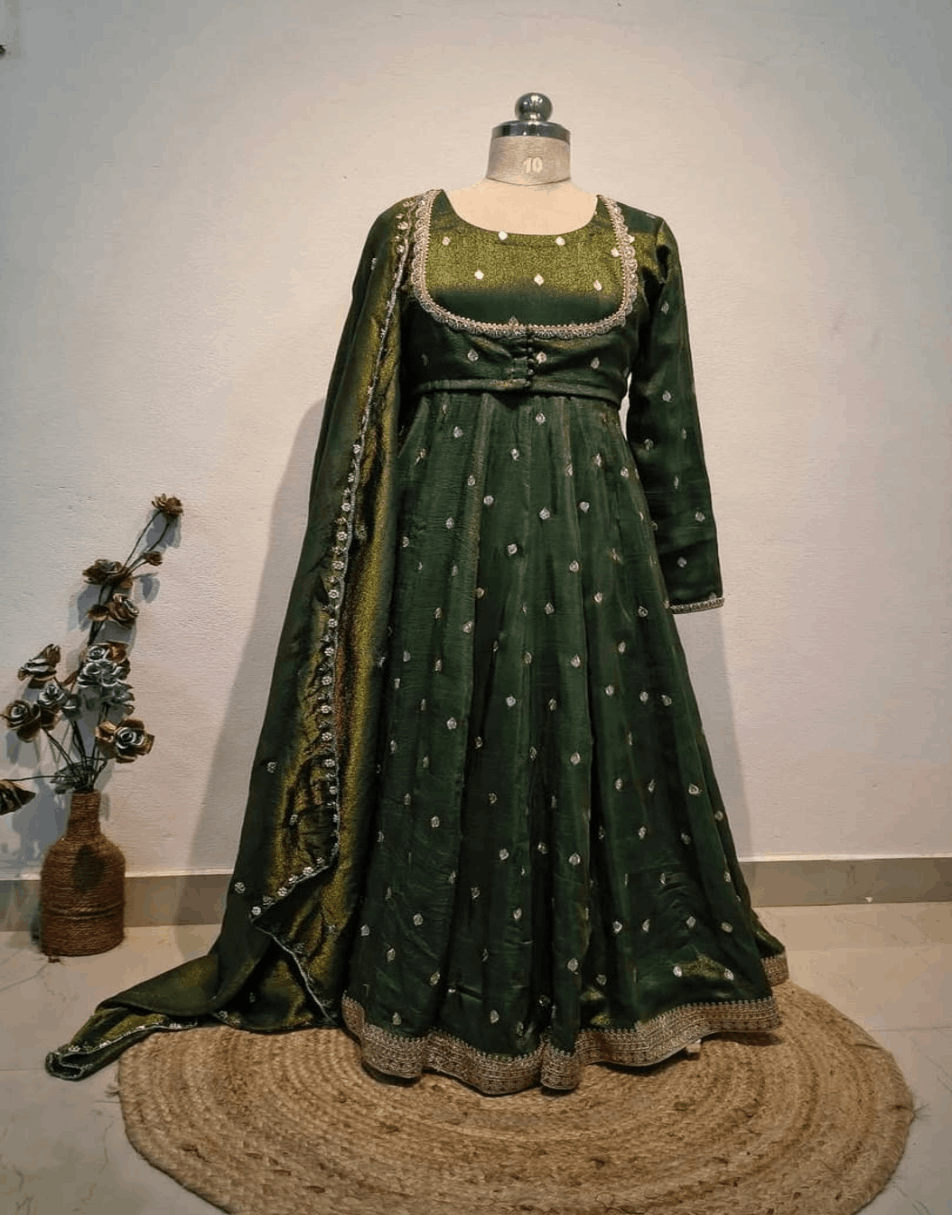 Bottle green jacket style tissue anarkali suit