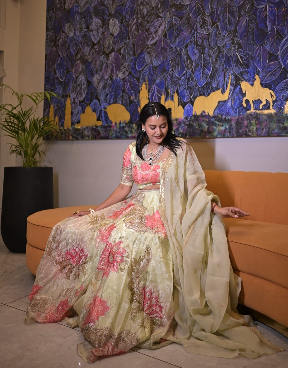 Pista green floral hand work lehenga