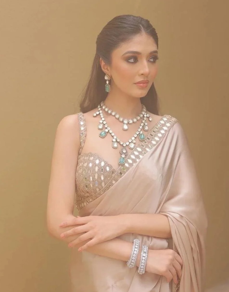 Beige modal satin saree with hand embroidered blouse