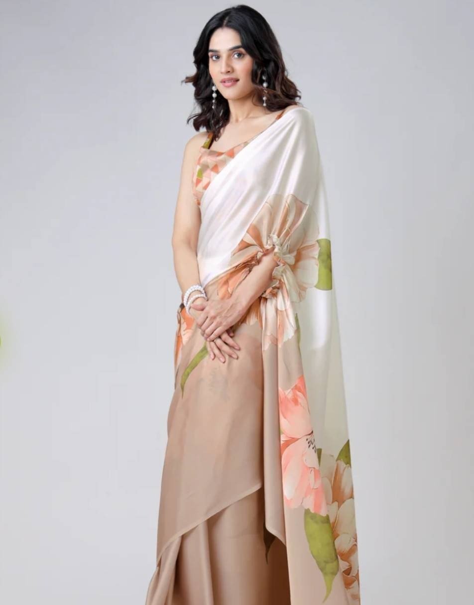 White gold free hand saree with unstich blouse